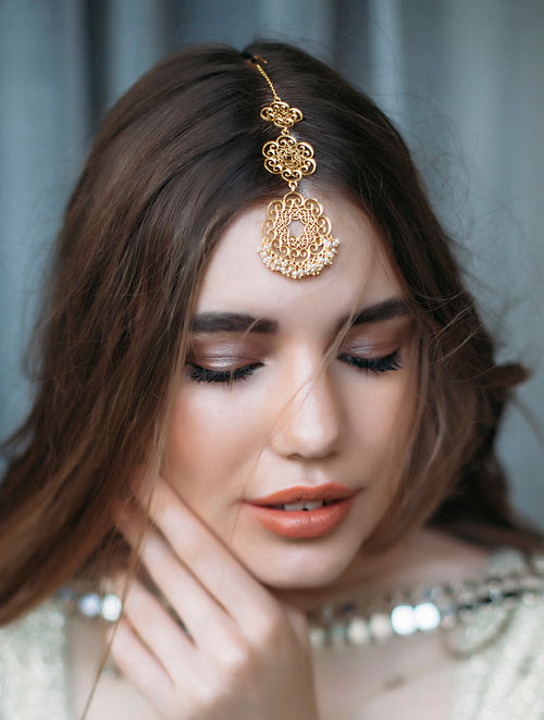 Gold Plated Maang Tikka with Pearls