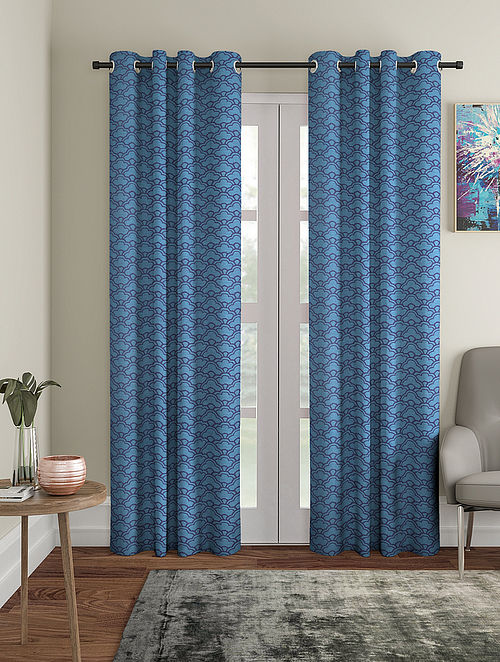 Blue Handloom Cotton Door Curtains (Set of 2)