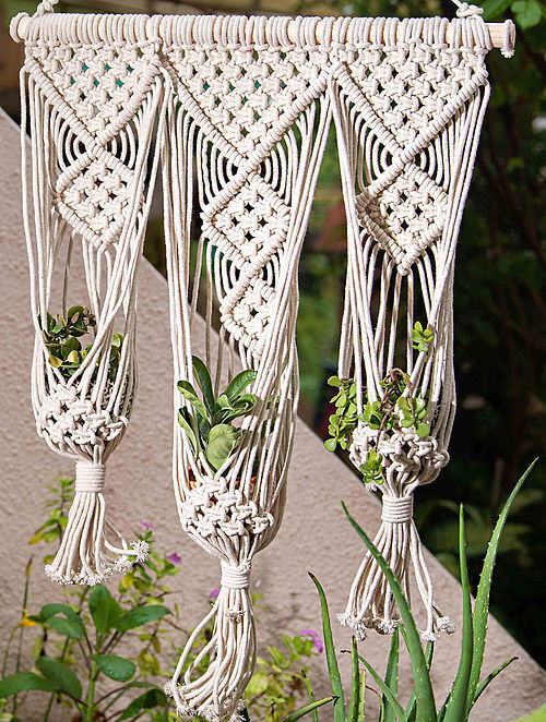 White Handmade Macrame Thread Wall Triple Plant Holder with Wood Rod (18in x 34in)