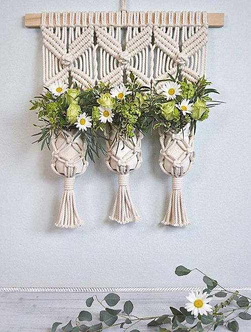 White Handmade Macrame Thread Triple Planter with Wood Rod (24in x 22in)