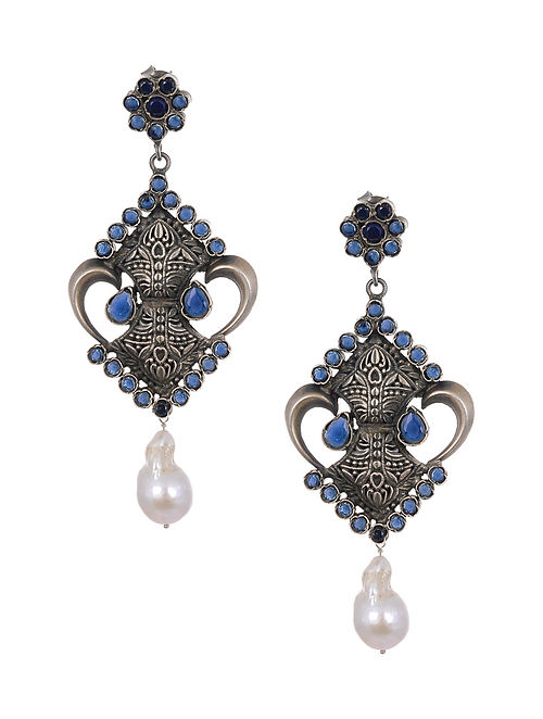 Blue Tribal Silver Earrings with Pearls