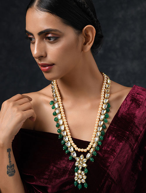 Green Gold Tone Kundan Necklace With Jade
