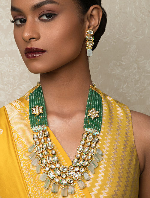 Buy Green Gold Tone Kundan Necklace And Earrings With Agate Online at ...