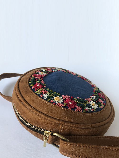 Blue & Pink Handloom Fabric Round Sling Bag With Small Leather