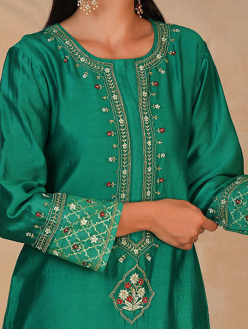 Buy Green Hand Embroidered Silk Chanderi Kurta Online at Jaypore.com