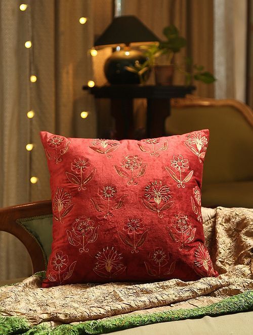 Burgundy Hand Beaded And Embroided Cushion Cover (L - 18in, W - 18in)