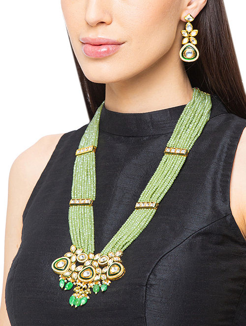 Green Gold Tone Kundan Beaded Necklace With Earrings 