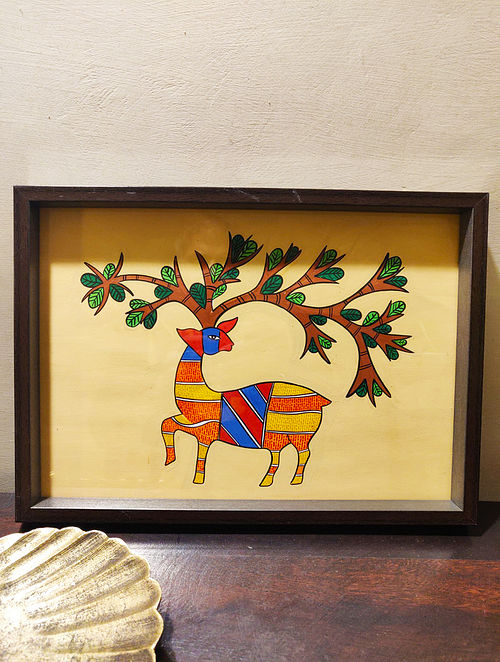 Hand Painted Gond Art Rectangle Tray (L- 14in, W- 10in, H- 1in)