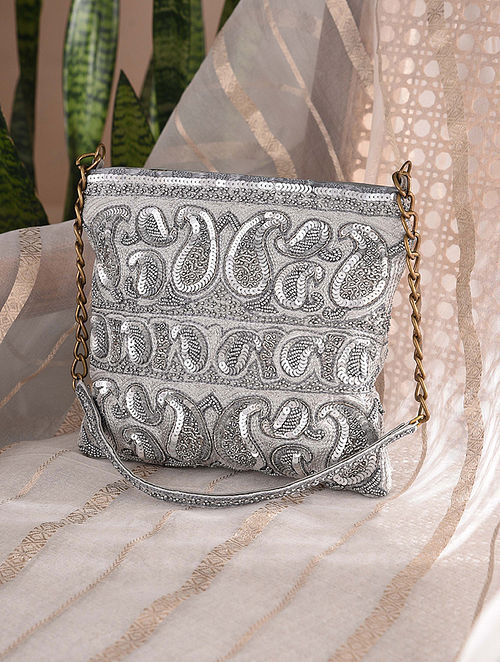 Silver Handcrafted Sequined Velvet Clutch