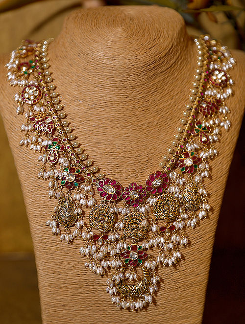  Gold Plated Vellore Polki Silver Necklace with Pearls