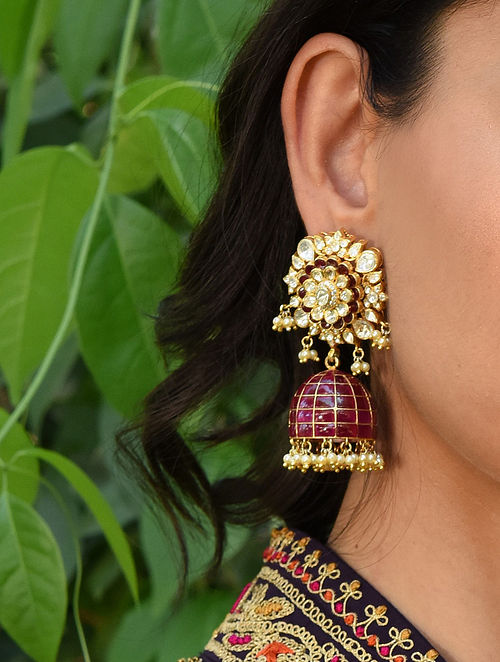 Maroon Gold Plated Vellore Polki Silver Earrings