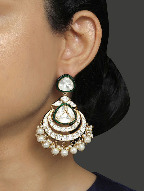 Green Gold Plated Vellore Polki Silver Earrings