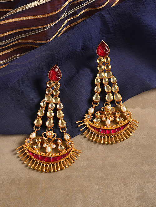 Gold Tone Silver Earrings with Red Onyx