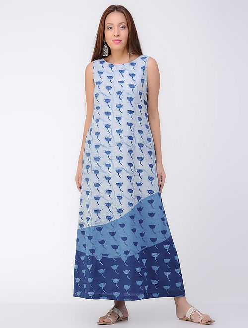 Indigo-Ivory Dabu-printed Cotton Dress with Pocket