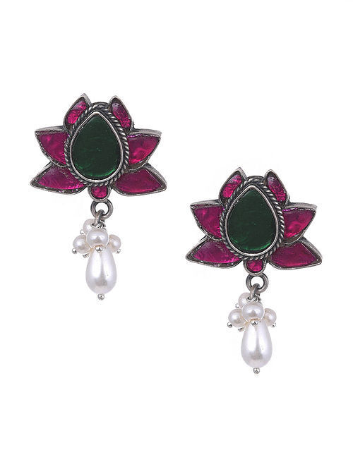 Maroon Green Silver Earrings with Pearls 