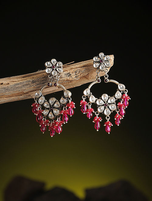 Pink Kundan-inspired Silver Earrings with Floral Design