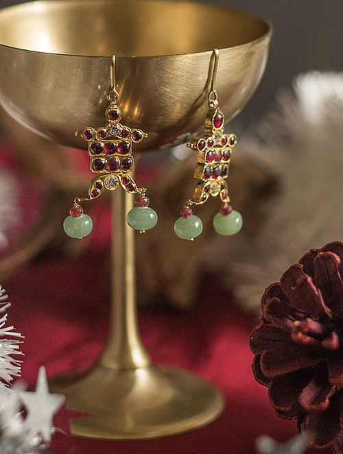 Maroon Green Gold-plated Silver Earrings
