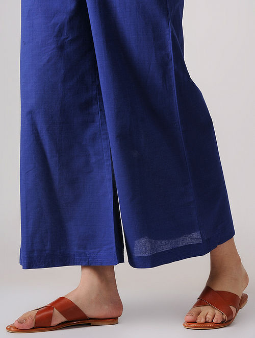 Blue Elasticated-waist Mangalgiri Cotton Palazzos