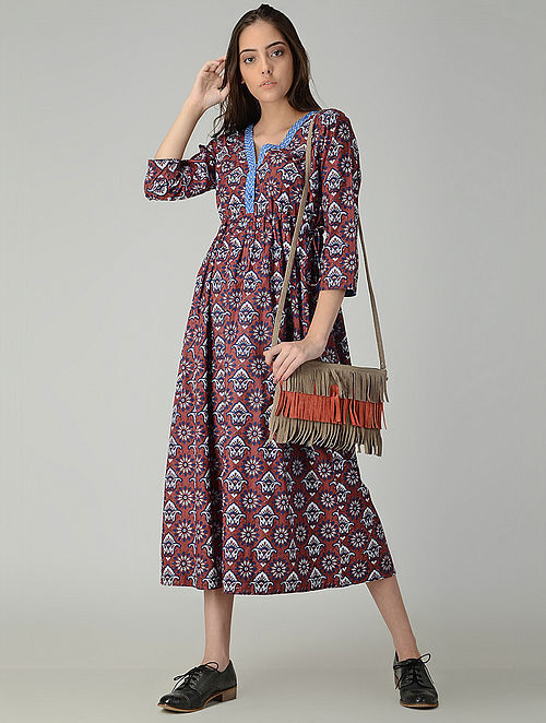 Maroon-Blue Printed Cotton Dress with Tassels