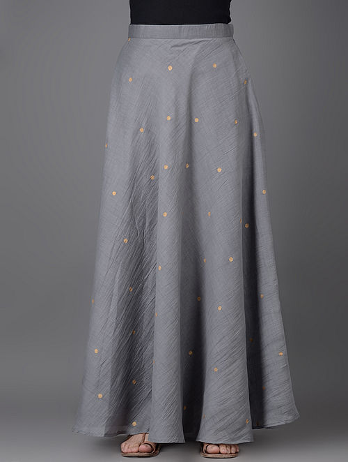 Grey Khari-printed Elasticated Waist Chanderi Skirt