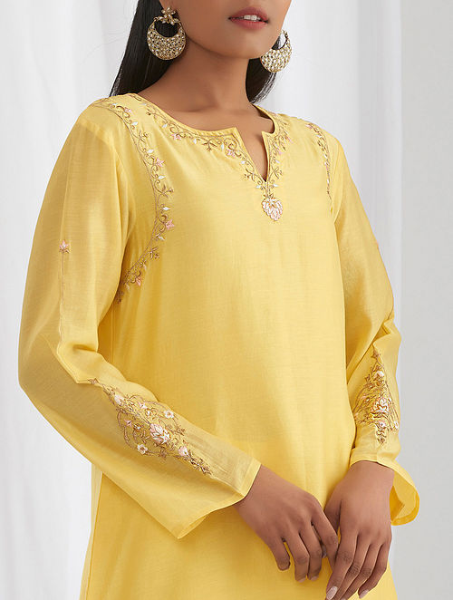 Buy Yellow Embroidered Silk Chanderi Kurta Online at Jaypore.com