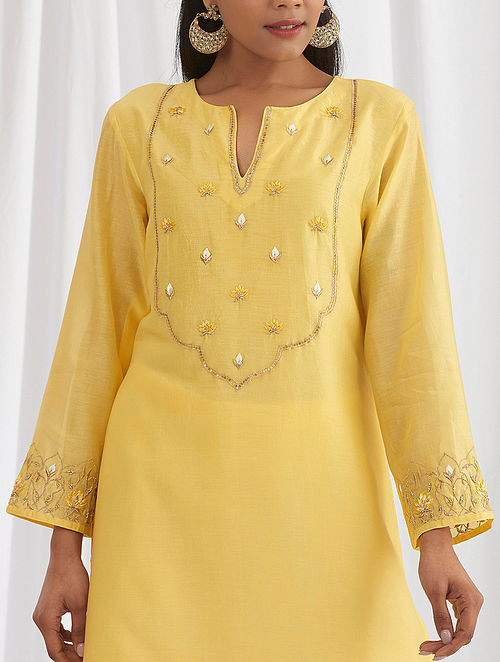 Buy Yellow Hand Embroidered Silk Chanderi Kurta Online at Jaypore.com