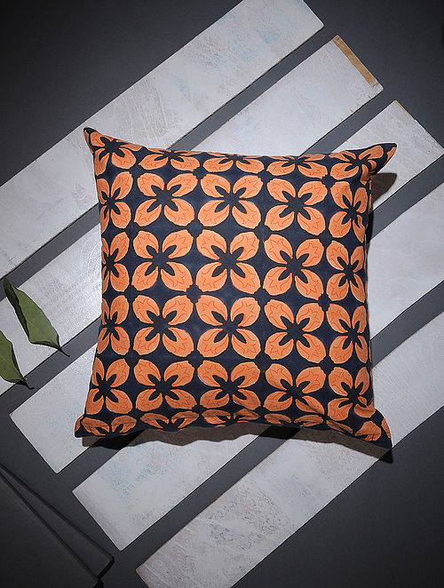 Blue-Orange Block-printed Cotton Cushion Cover (16in x 16in)