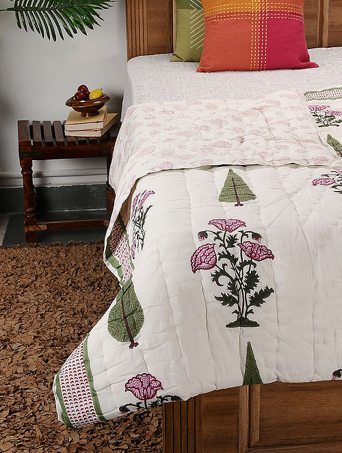 Multicolored Block-printed Cotton Double Quilt (102in x 88in)