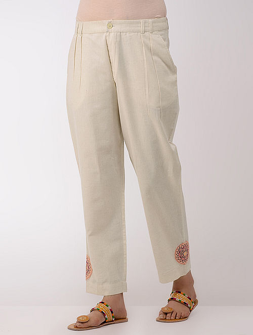 Ivory Cotton Pants With Hand-embroidered Hem