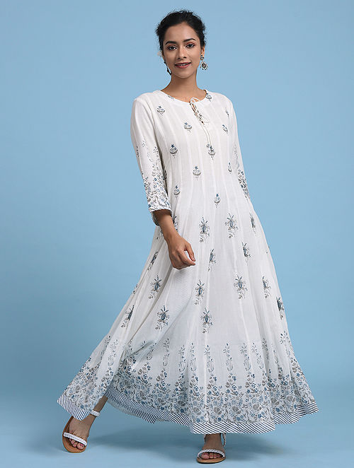 Buy White Blue Cotton Anarkali Kurta Online at Jaypore.com