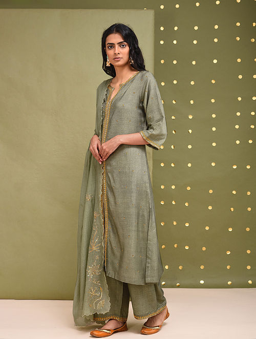 Buy Mint Green Hand Embroidered Cotton Tussar Kurta Online at Jaypore.com