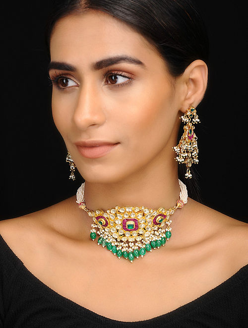 Green-Pink Kundan Inspired Necklace With A Pair Of Earrings(Set of 2)