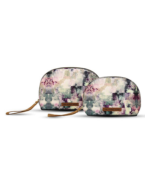 Multicolored Digital-Printed Canvas and Leather Pouch