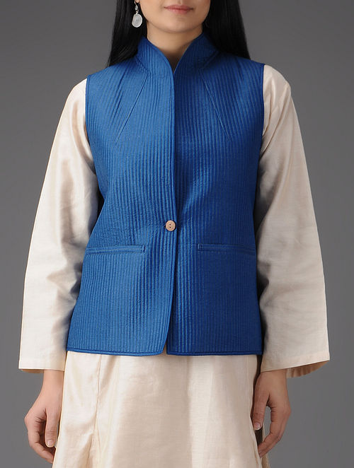 Blue Quilted Muga Silk Jacket with Pockets