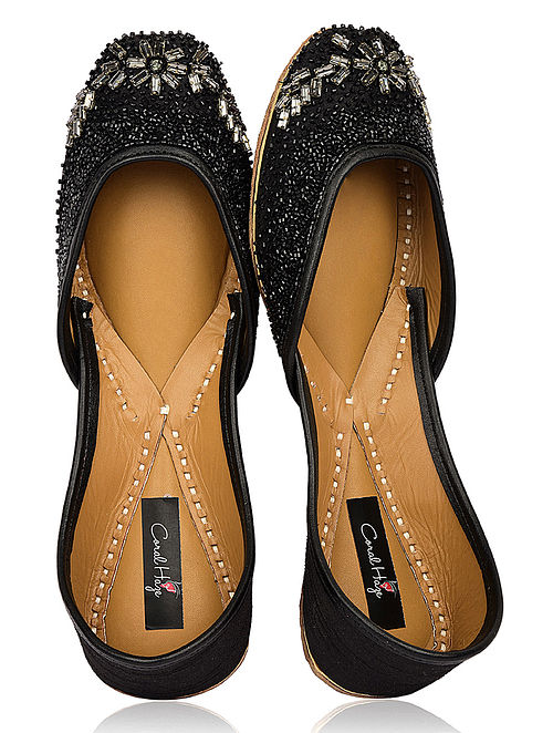 Black Hand-Embroidered Silk and Leather Juttis with Embellishments