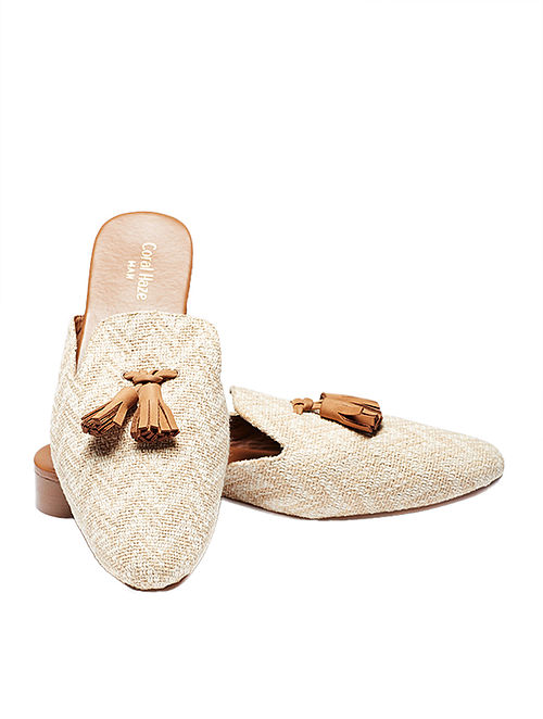Beige-Tan Handcrafted Jacquard Mules with Tassels for Men