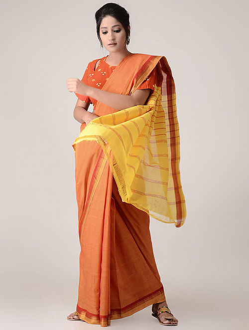 Orange-Yellow Cotton Saree with Zari Border