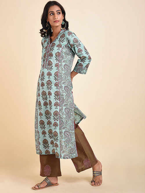 Buy Turquoise Mughal Printed Handloom Cotton Kurta Online at Jaypore.com