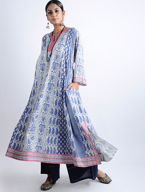 Buy Blue-White Block-printed Cotton Kaftan Kurta Online at Jaypore.com