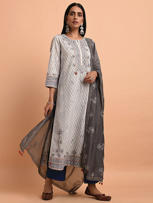 Buy Ivory Blue Floral Block Printed Cotton Kurta with Quilting and Bead ...