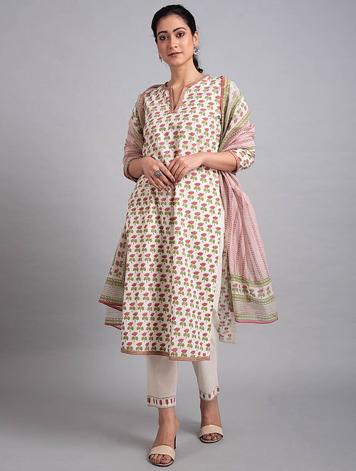 Buy Pink Green Block Printed Cotton Kurta with Embroidery Online at ...