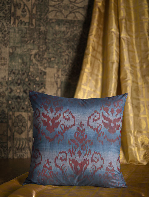 Arabesque Blue Cotton and Silk Cushion Cover with Tassels (20in x 20in)