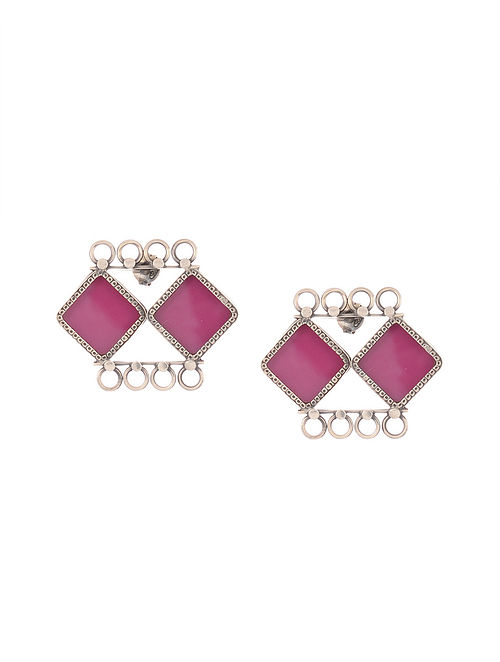 Pink Enameled Glass Silver Earrings