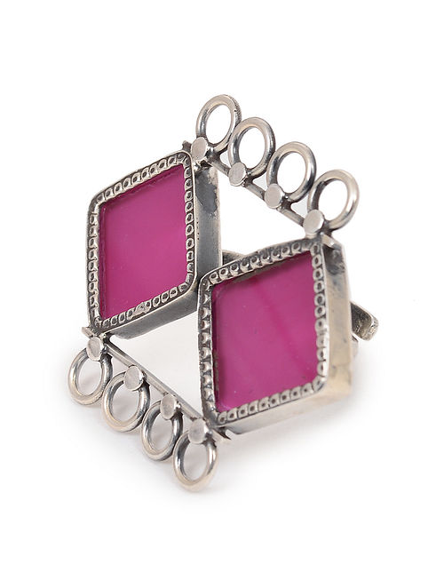 Pink Enameled Glass Adjustable Silver Ring