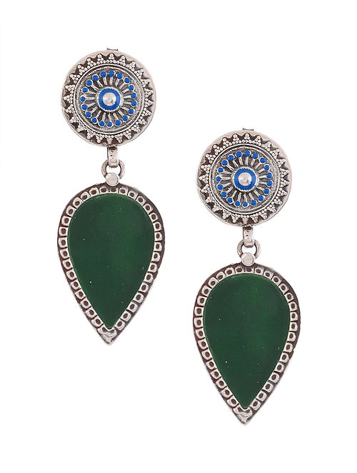 Green Blue Enameled Glass Silver Earrings