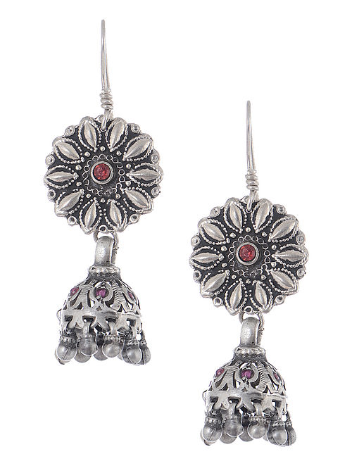 Red-Pink Vintage Silver Jhumkis with Floral Design
