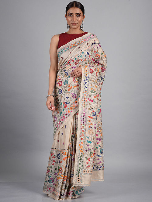 Buy Ivory Kantha Embroidered Tussar Silk Saree Online at Jaypore.com