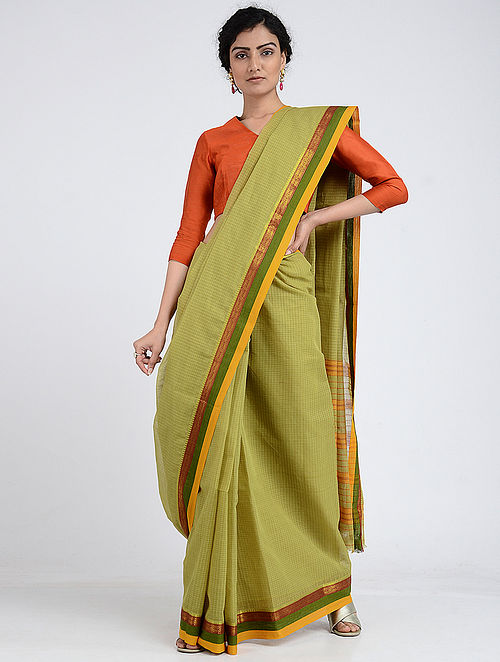 Buy Green Narayanpet Cotton Saree with Zari Online at Jaypore.com