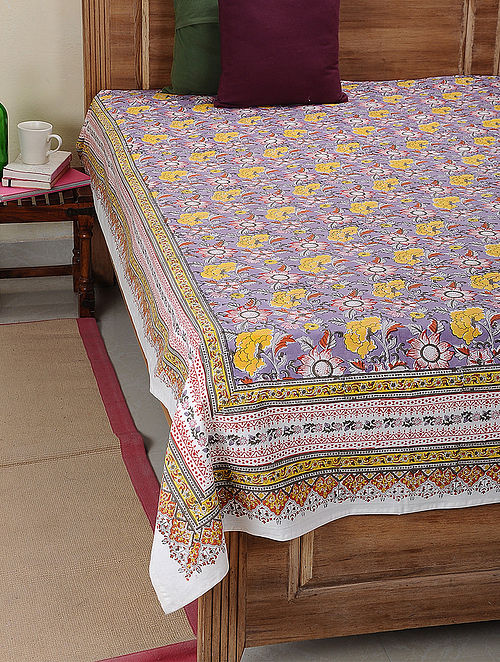 White-Purple Block-printed Cotton Double Bedcover