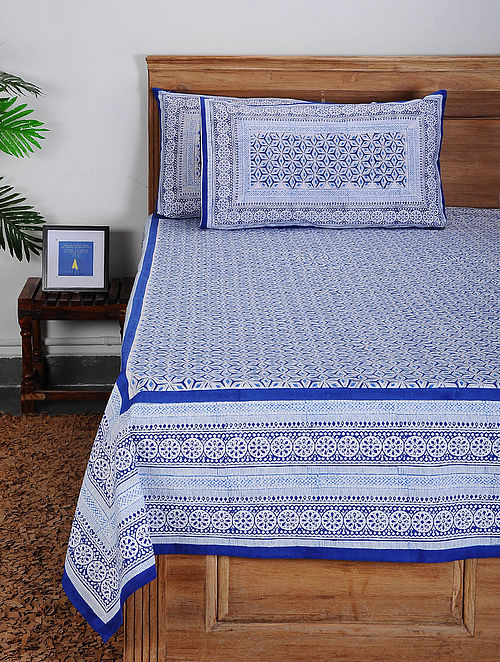 Blue-White Block-printed Cotton Double Bed Cover with Pillow Covers (Set of 3)